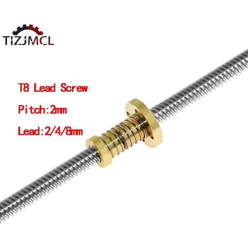 T8 Lead Screw With Anti-Backlash Nut Picth 2mm Lead 2mm/4mm/8mm For 3D Printer Parts 200mm 300mm 400mm 500mm 600mm 1000mm 1200mm