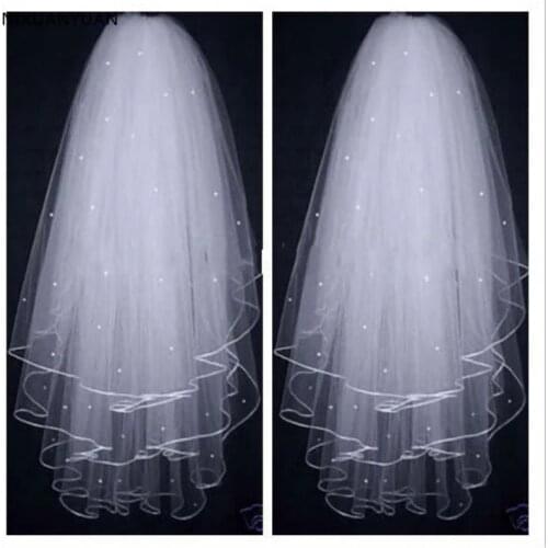 High Quality Soft Bridal Illusion White/Ivory 3T Ribbon Edges with Pearls Bridal Wedding Veils