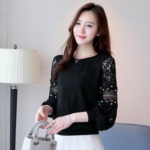 Womens Spring Autumn Style Lace Blouses Shirt Womens Solid Color O-Neck Hollow Out Long Sleeve Elegant Lace Tops DD9033