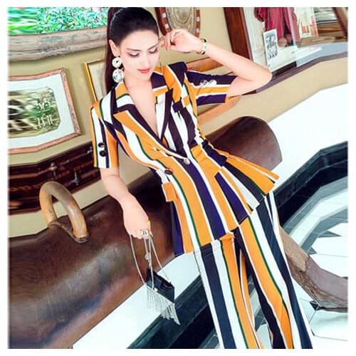 Women 2021 Summer Fashion Striped Suit Female Office Lady Short Sleeve Blazer + High Waist Pants Set Elegant 2 Piece Sets U209