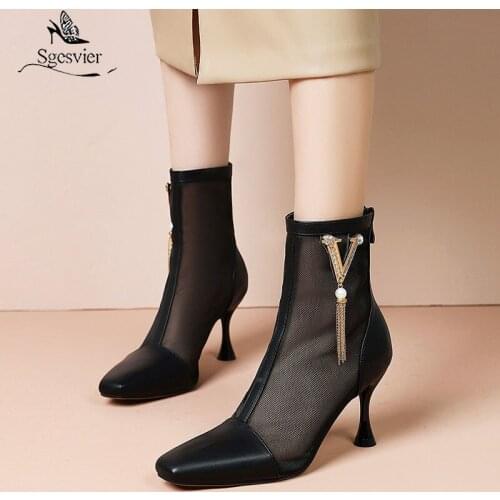 Sgesvier 2021 Fashion Black Summer Boots Sandals Back Zipper Square Toe Thin High Heel Ankle Strap Net Hollow Out Sandals