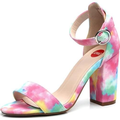 Women Square Heel Pumps with Ankle Strap Open Toed Pumps Shoes Leather Colorful Fashion High Heel Sandals Women Shoes