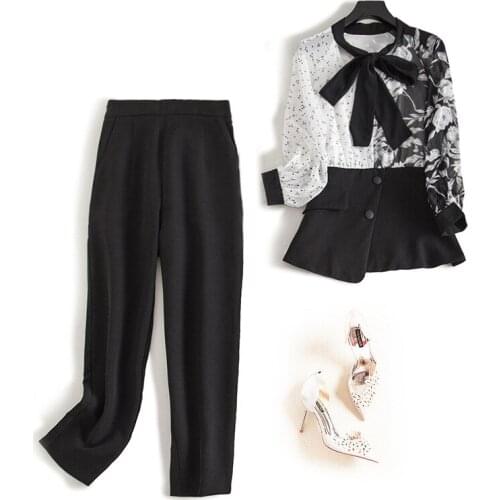 Woman 2 piece sets 2020 spring autumn OL elegant chiffon patchwork printed bow blouses+ elastic waist black pants sets JC340
