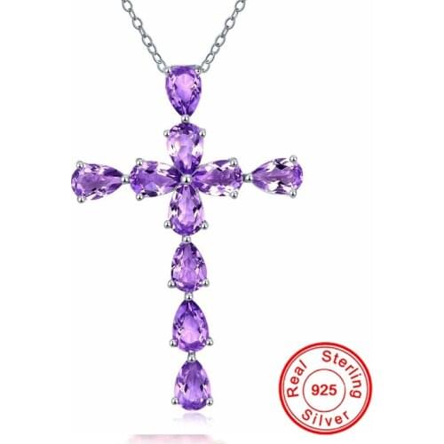 Luxury Cross Amethyst Pendant 925 Sterling Silver Color cklace For Women Purple Gemstone Clavicle Pendant Necklace Fine Jewelry