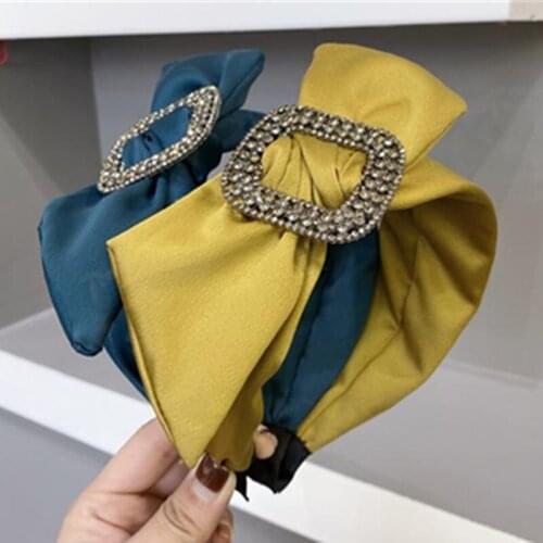 Women Big Bow Hairband with Square Crystals Decorated Adults Hair Accessories Side Crystal Headband Ladies Elegant Bow Head Band
