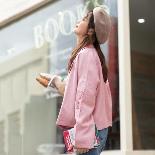 INMAN Womens Pink Short Coat Lapel Artistic Embroidery Retro Double Breasted Versatile Loose Long Sleeve Lady Girl Short Jacket
