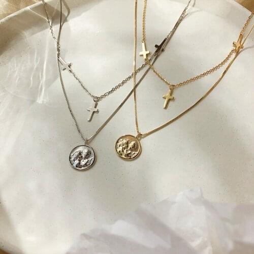 Cross multilayer necklace women round card female double chain luxury long sterling silver 925 jewelry gold necklaces punk gift