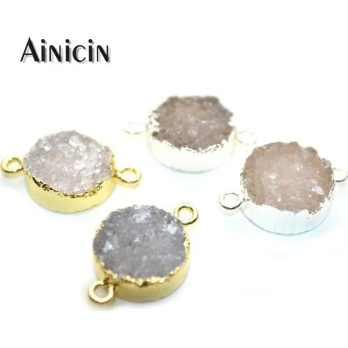 Natural Druzy Crystal 15mm Coin Shape Connectors Gold Silver Plating Fashion Jewelry Making Connection 10pcs/lot