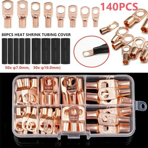 140PCS Auto Copper Ring Terminal Wire Crimp Connector Bare Cable Battery Terminals Soldered Connectors Assortment Kit