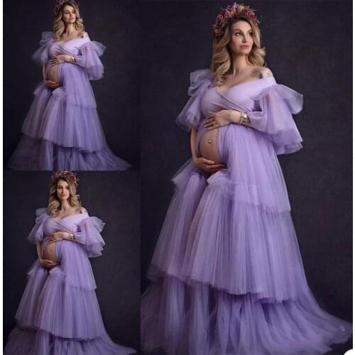 2021 Lavender Ruffle Plus Size Pregnant Prom Maternity Sleepwear Dress Nightgowns For Photoshoot Lingerie Bathrobe Nightwear