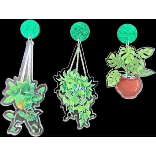 Acrylic Printed Garden Plant Turtle Leaf Green Potted Hanging Basket Earrings