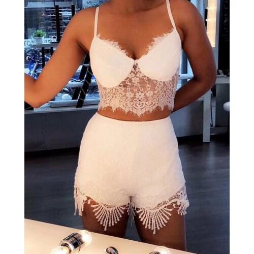White Sexy Lace 2 Pieces Bandage Set Womens Rayon Sexy Sleeveless Bodycon Party Bandage Club mini Pants Set