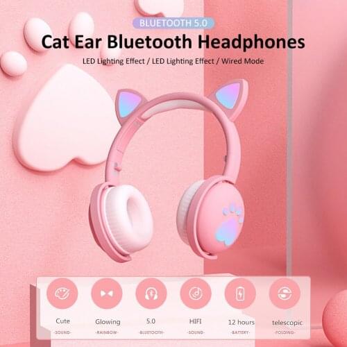 Foldable Cute Cat Ears Bluetooth Wireless Headphone With Mic Can Control LED Kid Girl Stereo Music Helmet Phone Headset Gift
