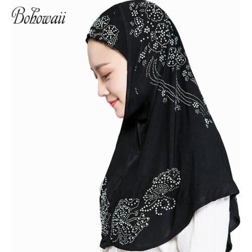 BOHOWAII Muslim Hijab Caps Scarf Glitter Rhinestones Bonnet Femme Musulman Islam Instant Head Wraps Scarves Turbans for Women