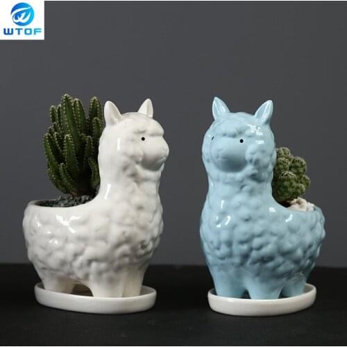 White Ceramic Alpaca Planter Flower Pot with Tray Creative Animal Pot for Succulents Plants Home Garden Desktop Decoration