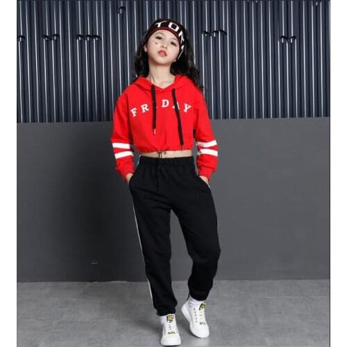 Girls Red Ballroom Competition Costumes Kids Modern Jazz Dancing Stage Wear Hip Hop Dance Hoodie Sweatshirt Pants Outfits
