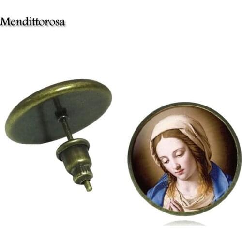 Mendittorosa Jesus Portrait Cross Virgin Mary Glass Cabochon Anime Jewelry With Bronze/Silver/Golden Clip Ear Hook Stud Earrings
