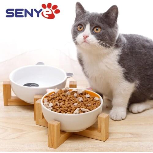 Cute Cartoon Small Animals Pattern Ceramic Pet Bowl Strong Bamboo Frame Holding Cat Feeding Bowl Pet Supplies