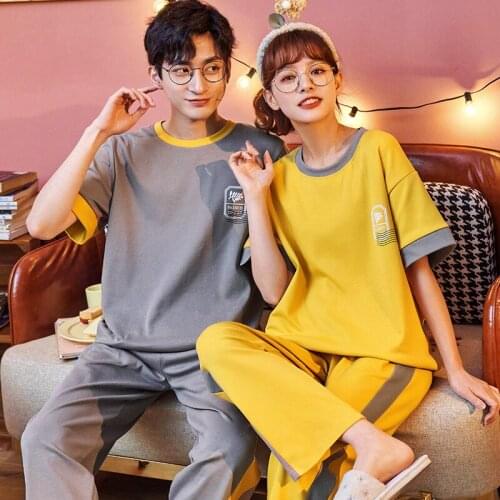Sweet Korean Women Pajamas Set Cotton Short Sleeve Summer Couple Sleepwear Simple Yellow O-neck Casual Trousers Female Homewear