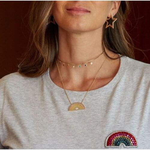 Minimal round drip cz choker necklace drop shipping delicate wire gold color fashion jewelry for women girls rainbow cz jewelry