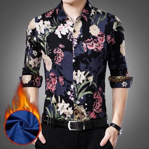 3d flower leopard pattern print fashion slim long sleeve shirt Winter 2018 quality silk cotton plus velvet thick shirt men M-3XL