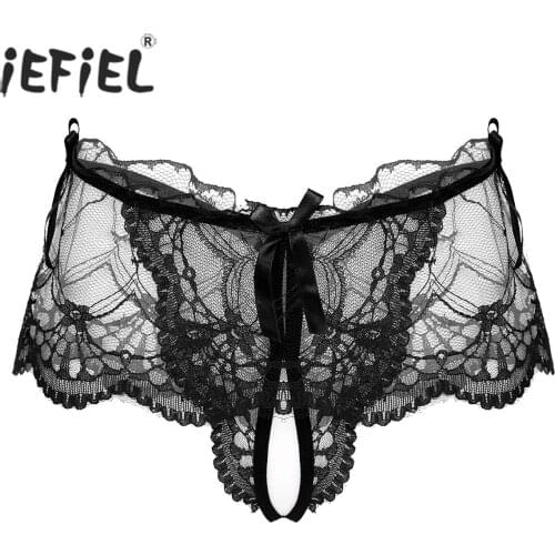 Men Transparent Lace Skirted Briefs Low Rise See-through Sexy G-string Thongs Crotchless Cutout Panties Underwear for Nightclub