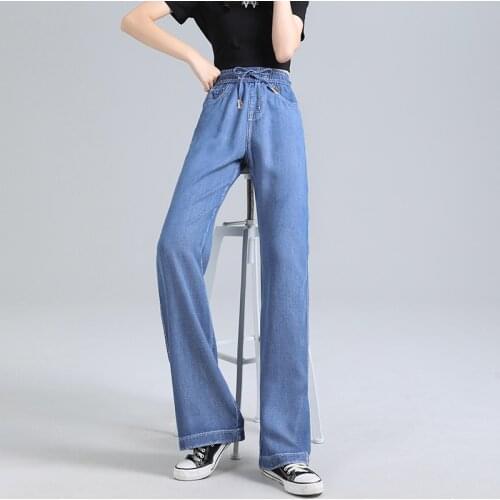 2021 Summer New Tencel Jeans Loose Wide Leg Pants Thin Denim Trousers Women Elastic Waist Full Length Pockets Bottoms P926