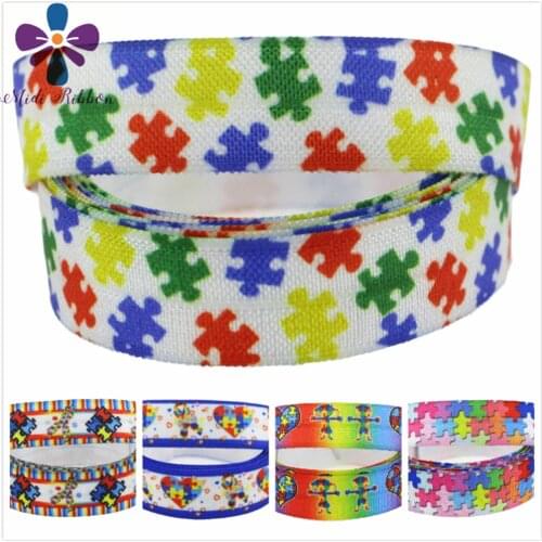 5/8"16mm Jigsaw Puzzle Series Heart Shapes Peace Printed Fold Over Elastic Ribbon DIY Gift Packing Hair Tie Making 50Yards/Roll
