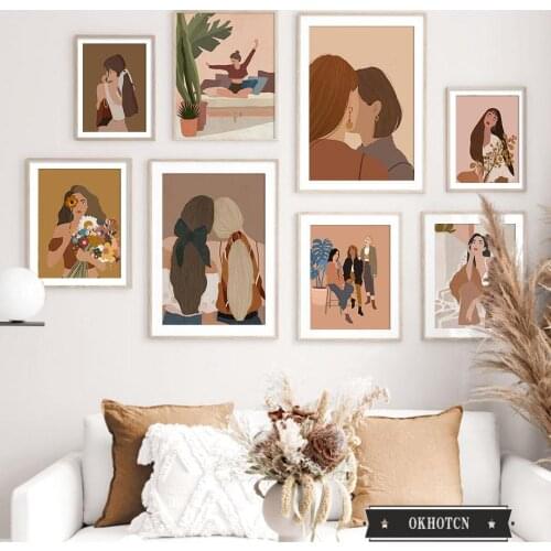 Nordic Fashion Girls Friendship Posters and Prints Minimalist Flower Woman Wall Art Canvas Painting for Living Room Decor
