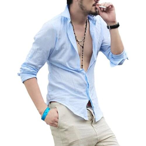 2020 New Summer Hot Thin Lightweight Hawaiian Shirt Men Cool Solid Cotton Linen Long Sleeve Casual Men Shirts M-XXL AYG238