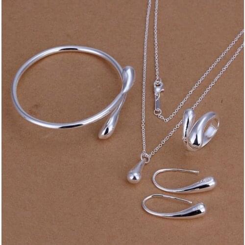 Stamp Silver 925 Water drop Bridal Jewelry Set for Women 4 Pieces Top Brand Earring Bracelet Ring Pendant Necklace Fine Jewel
