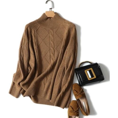 SHUCHAN 2018 Fashion Winter Rib Knitting Sweater Cashmere 100 Women Loose Turtleneck Long Sleeve Pullover Jumper Female Sweater