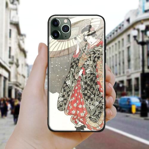 Japanese style Geisha snow Ukiyoe Silicone Glass Phone Case Cover Shell For iPhone SE 6 6s 7 8 Plus X XR XS 11 12 Mini Pro Max