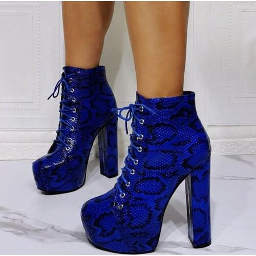 Blue Snake Print Round Toe High Platform Ankle Boots Lace up Women High Heel Sexy Short Booties Big Size 47