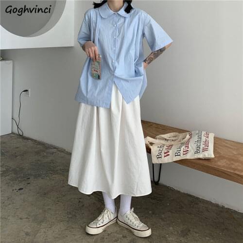 Women Sets Spring Summer Korean Style Peter Pan Collar Shirts Solid Simple Trend Design A-Line Skirt Casual Street-wear Harajuku