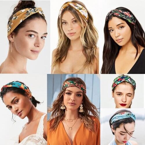 New Women Solid Print Headbands Bohemian Vintage Cross Knot Elastic Hairbands Bandanas Girls Hair Bands Bow Hair Accessories