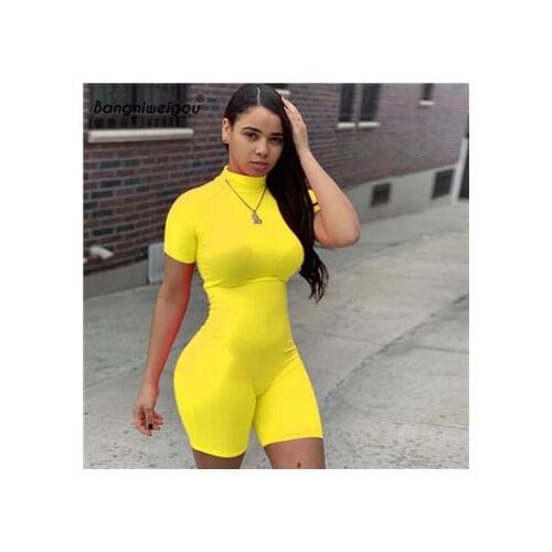 Bangniweigou Fitness Neon Playsuit Women Mock Neck Short Sleeve Casual Playsuit High Elastic Streetwear Tight Sports Overalls
