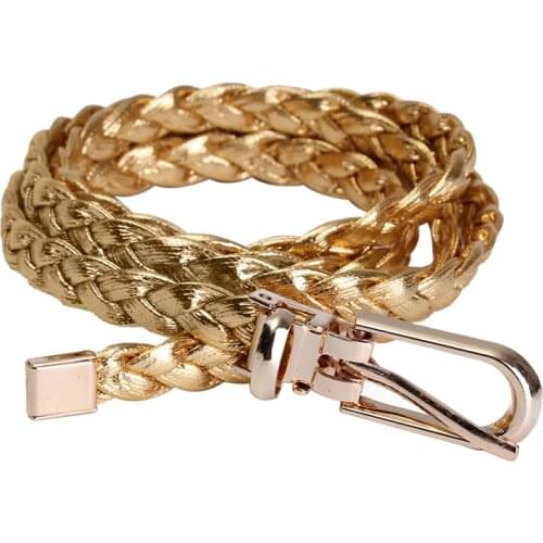 Women Simple Braided PU Leather Narrow Thin Buckle Strap Waist Belt Waistband Colors: Gold