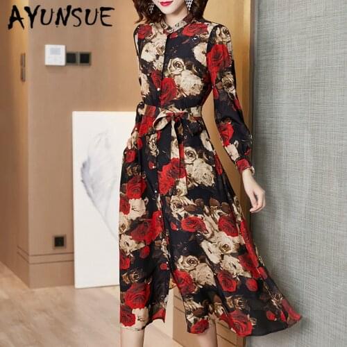 Real Silk Dress Women Print Dresses Fashion Midi Women Spring Autumn Dress Korean Party Dress Vintage Vestido Mujer F1014 YY2583