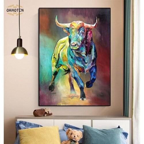 Abstract Colorful Bull Wall Art Poster And Prints Animals Canvas Painting Printed Oil Pictures For Living Room Home Decoration