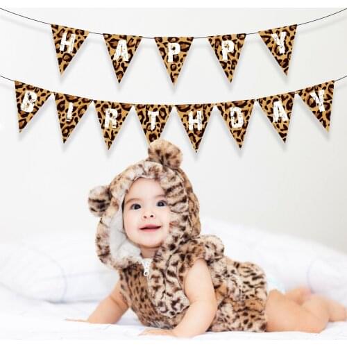 BA264 Leopard Jungle Animals Leopard Theme Design Happy Birthday Banner for Kids Wild One Party Happy Birthday Party Banner