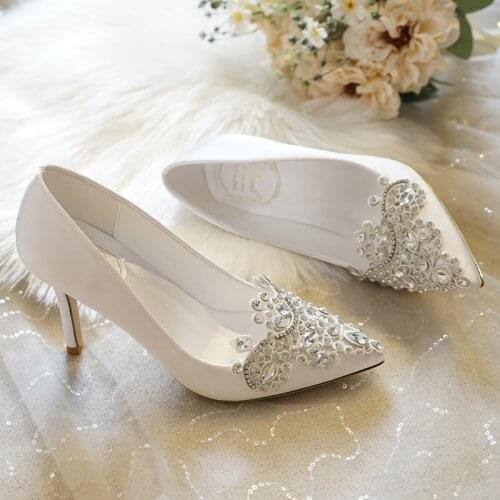 White High Heel Pointed Stiletto Rhinestone Satin Lace Womens Shoes Dress Banquet Shoes Bridesmaid Wedding Shoes