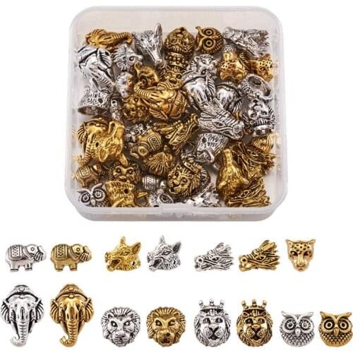 Pandahall 48pcs/box Animal Beads Tibetan Style Alloy Beads Lion Wolf Elephant Owl Dragon Head for Jewelry Making DIY Findings