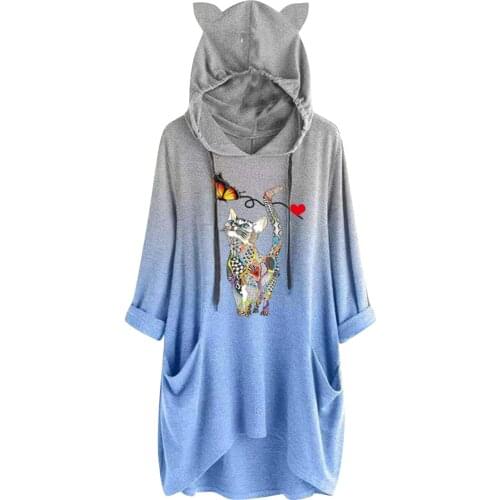 Long Hoodies Female Cute Cat Ear Hooded Sweatshirts Ladies Oversized Pocket Long Sleeve Tops Winter Warm Cartoon Print Sudaderas