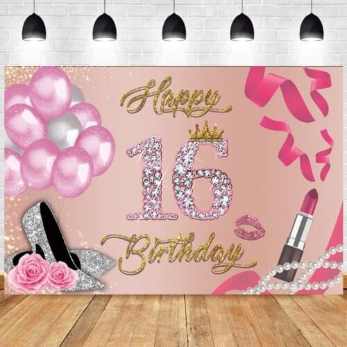 Sweet Rose Pink 16th Photo Backdrop Girls Boys Sixteen Happy Birthday Party Balloon Photography Background Banner Photocall Prop
