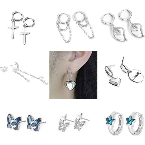 Geometric Hug Hoop Earrings Korean Vintage Silver Color Cross Chain Love Heart Round Dangle Drop Earrings Gifts For Women