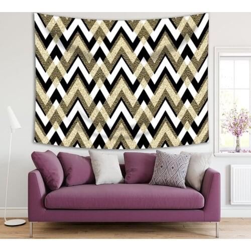 Tapestry Zigzag with Golden Glitter Geometric Pattern Decorative Artwork Printed Yellow Black White