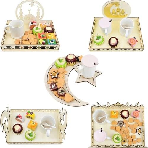 Eid Mubarak Decoration Wooden Dessert Tray Food Candy Cookies Tray For Islamic Muslim Hajj Ramadan Kareem Party Home Decor