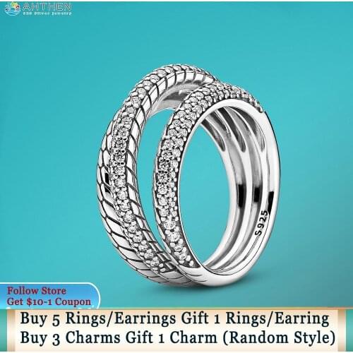 Ahthen 925 Sterling Silver Ring Pave Snake Chain Pattern Rings Original 925 Silver Women Rings Girl Ring Women Jewelry Girl Gift