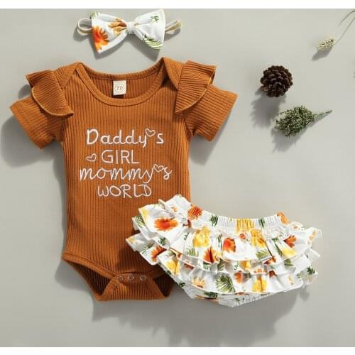 Newborn Baby Girls Clothes 3Pcs Summer Outfits, Short Sleeve Knitted Cotton Letter Romper +Flower Ruffle Shorts + Headband Set